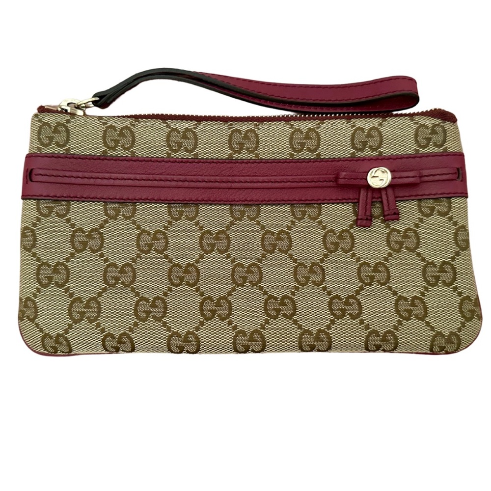 Gucci Monogram Wristlet with Red Bow Detail